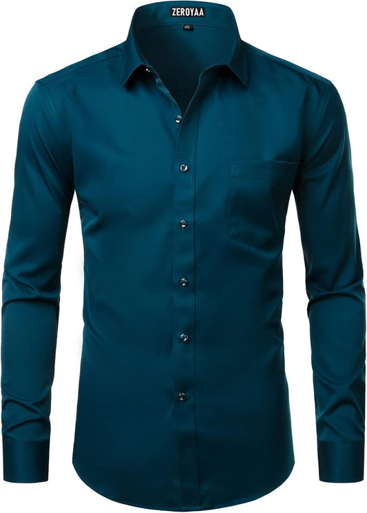 ZEROYAA Men's Business Formal Slim Fit Long Sleeve Button Up Dress Shirts with Pocket