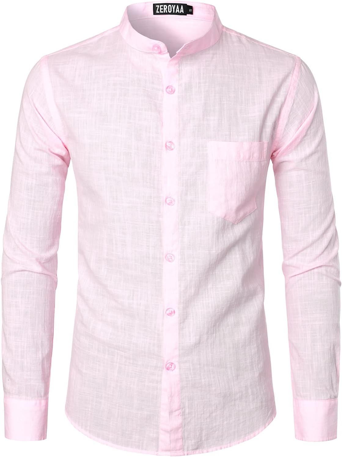 ZEROYAA Men's Fitted Cotton Linen Long Sleeve Banded Collar Button Up Shirts Lightweight Beach Tops with Pocket