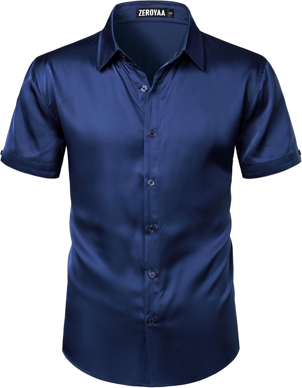 ZEROYAA Men's Hipster Shiny Silk Satin Shirt Regular Fit Short Sleeve Casual Button Down Dress Shirts for Summer Party