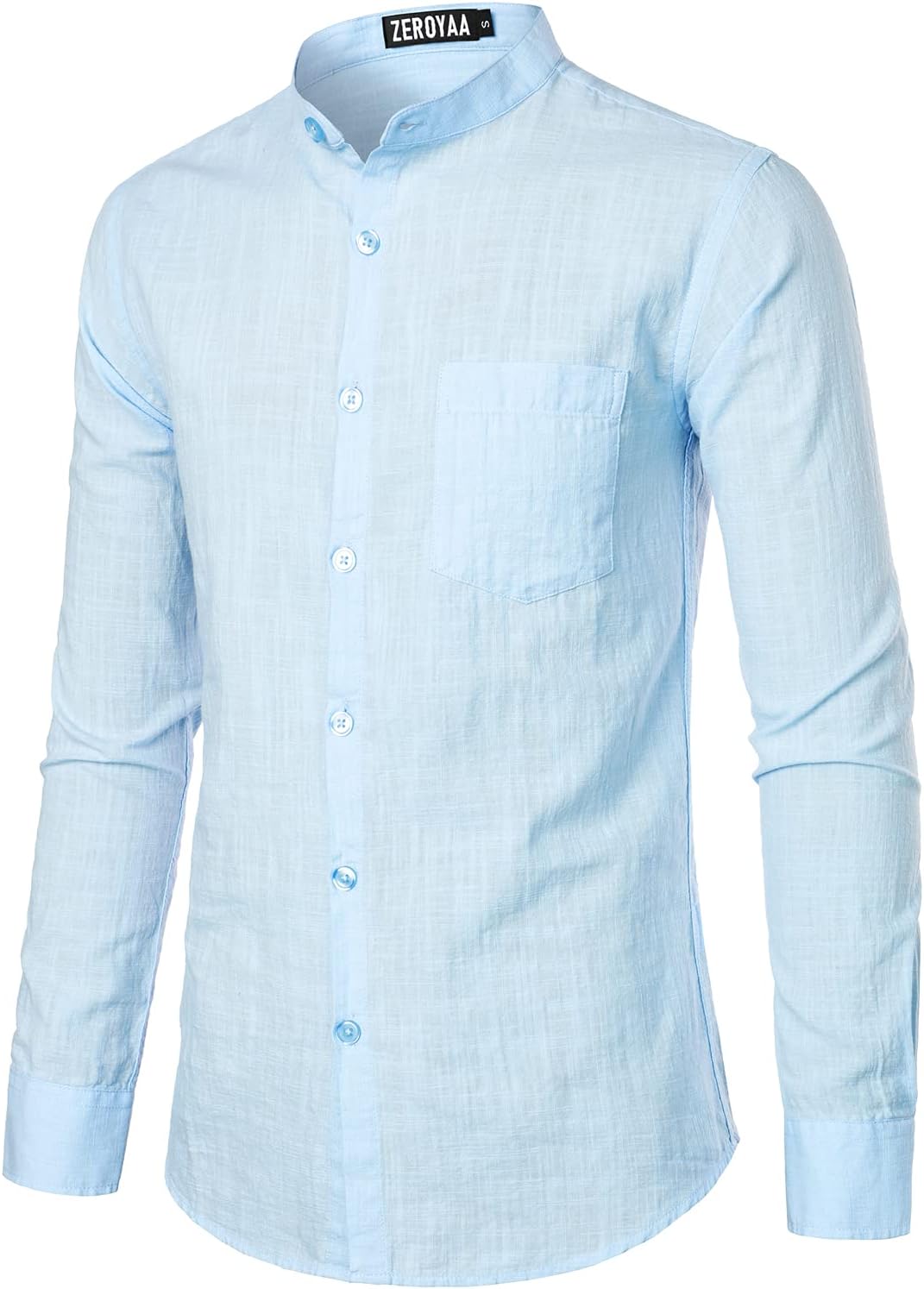 ZEROYAA Men's Fitted Cotton Linen Long Sleeve Banded Collar Button Up Shirts Lightweight Beach Tops with Pocket