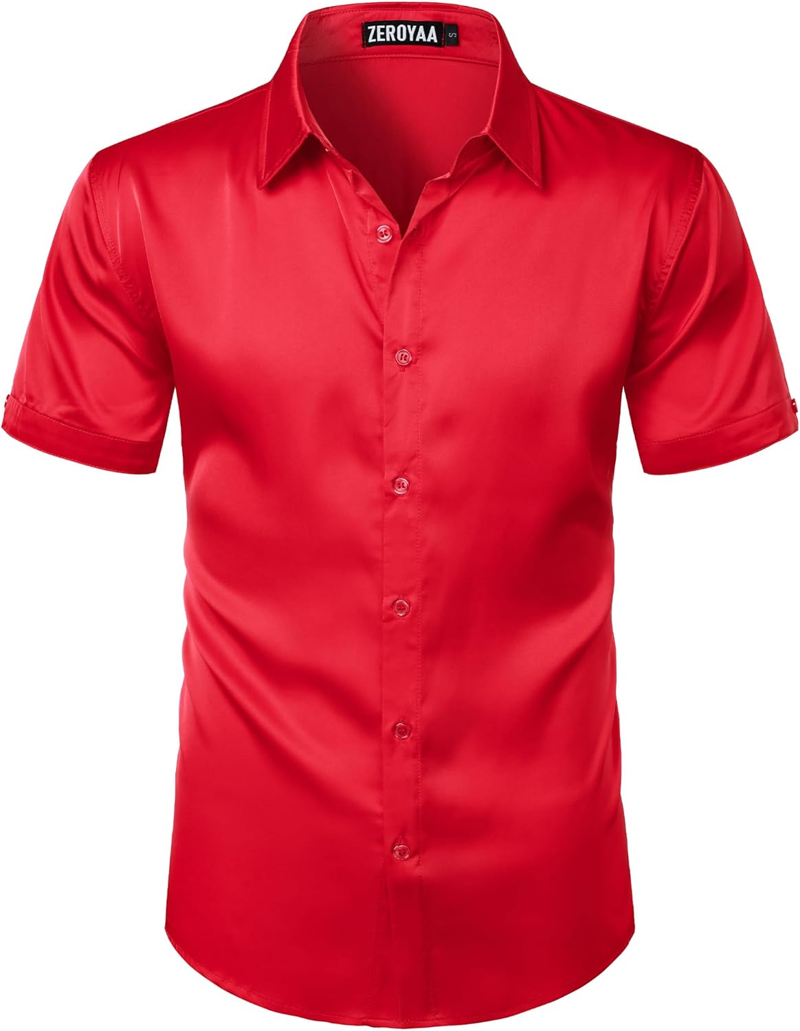 ZEROYAA Men's Hipster Shiny Silk Satin Shirt Regular Fit Short Sleeve Casual Button Down Dress Shirts for Summer Party