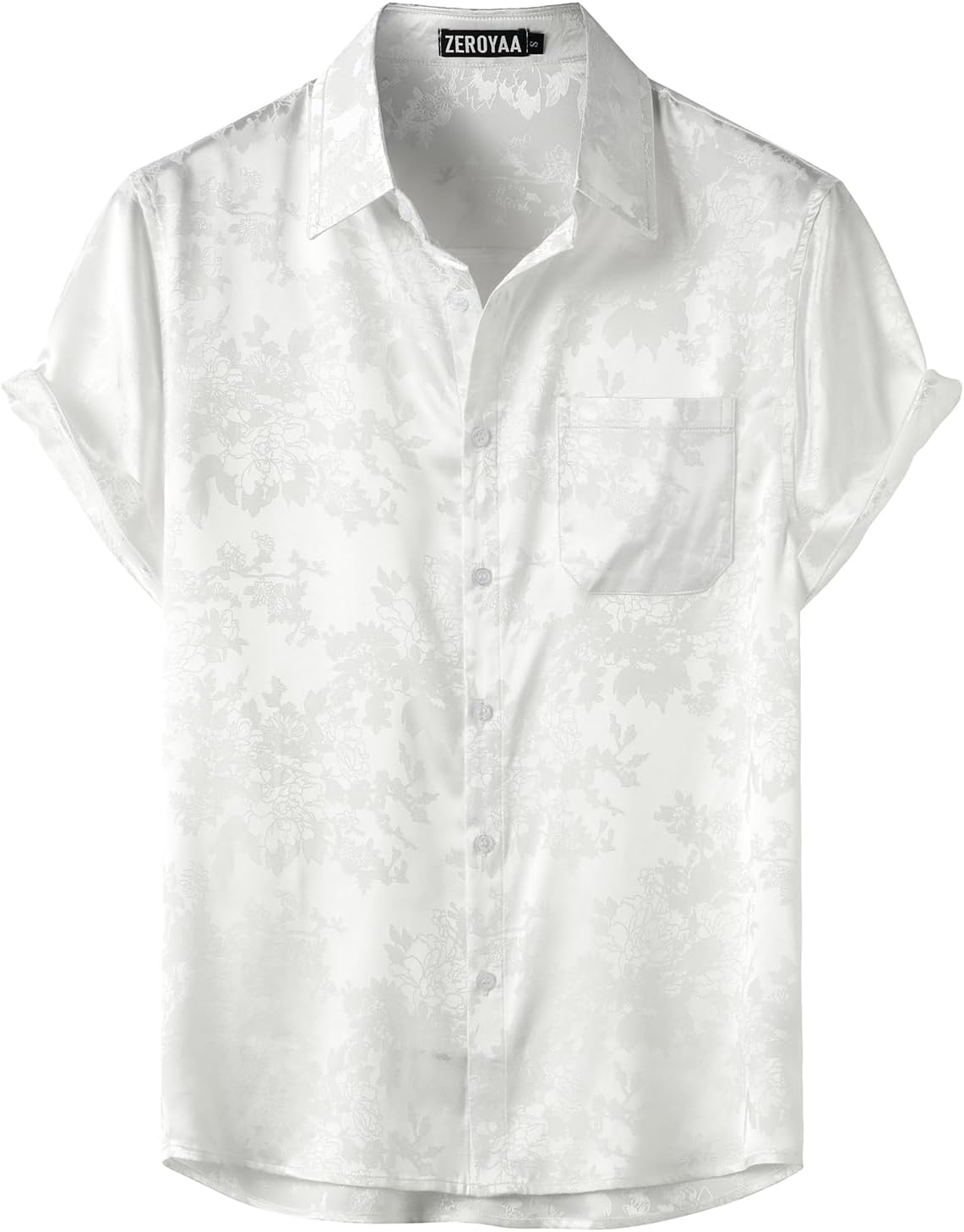 ZEROYAA Men's Shiny Luxury Silk Satin Floral Jacquard Short Sleeve Regular Fit Button Down Shirt for Party Prom