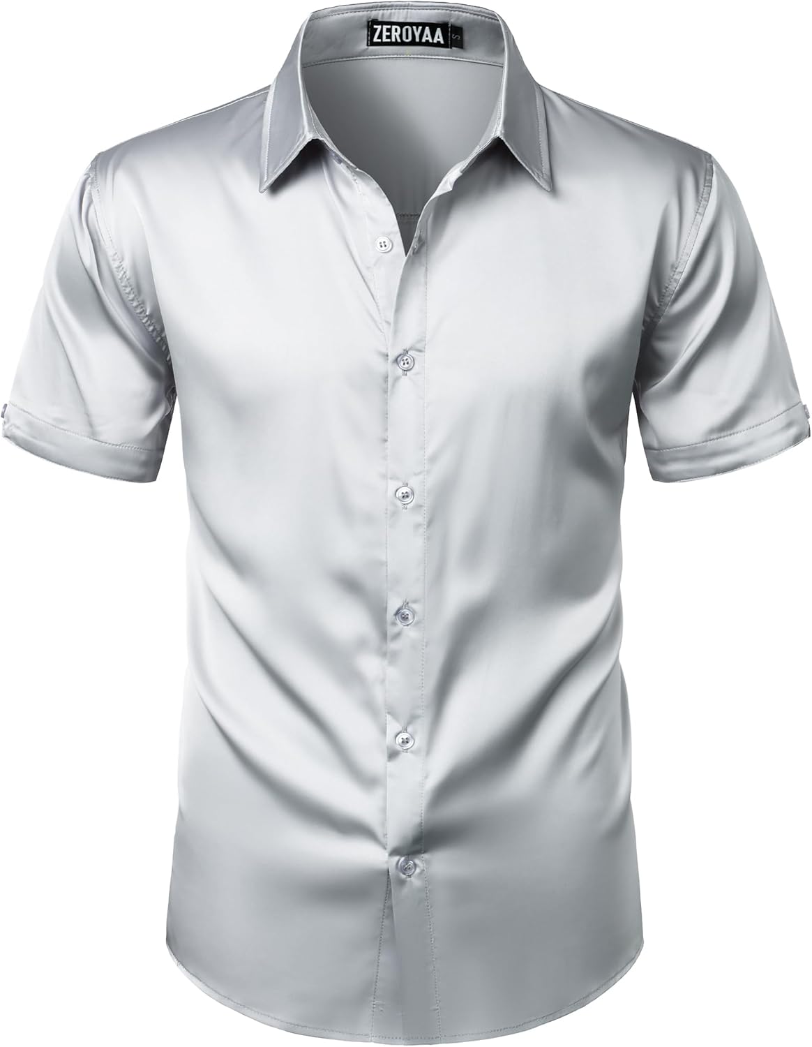 ZEROYAA Men's Hipster Shiny Silk Satin Shirt Regular Fit Short Sleeve Casual Button Down Dress Shirts for Summer Party