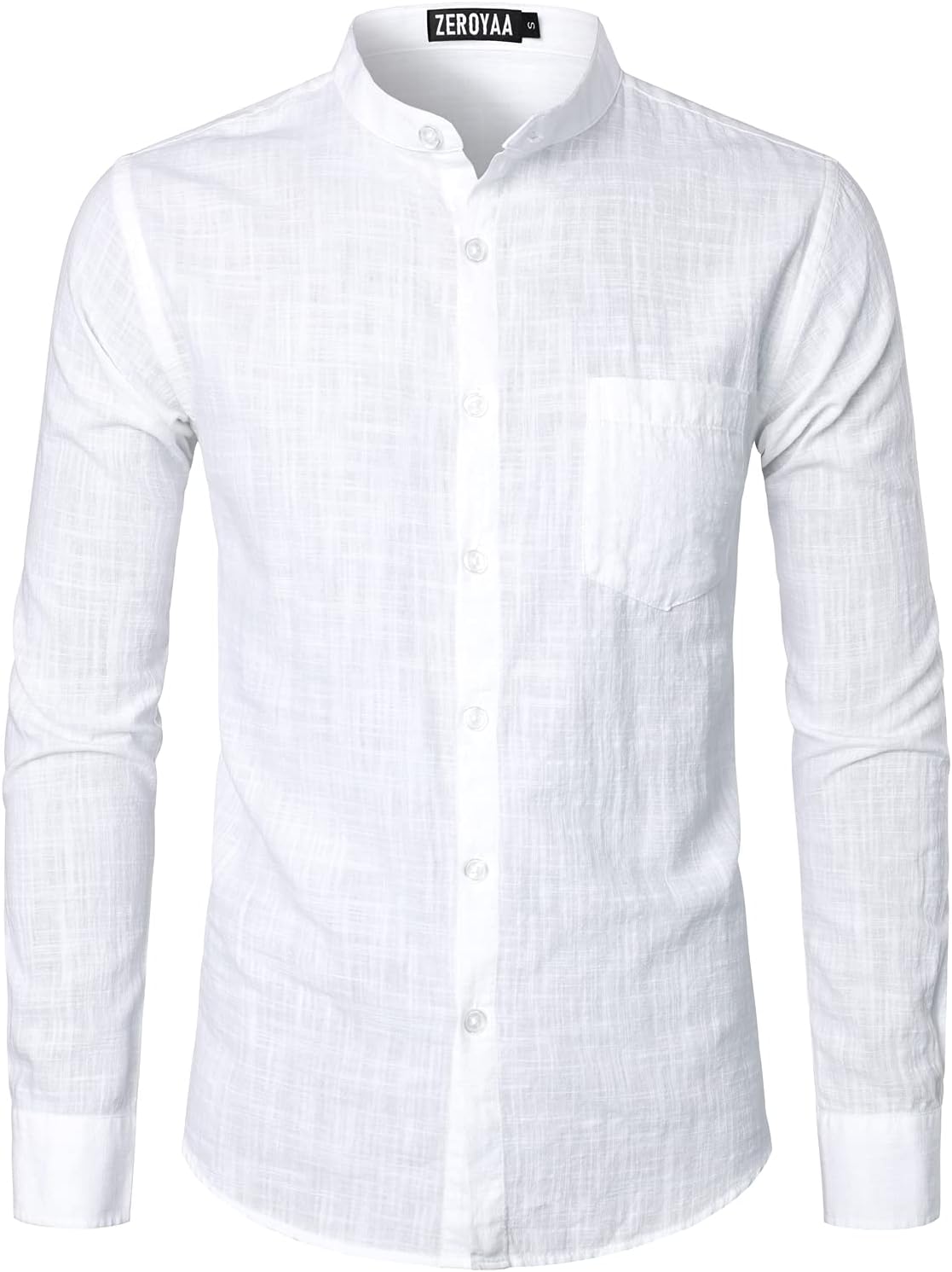 ZEROYAA Men's Fitted Cotton Linen Long Sleeve Banded Collar Button Up Shirts Lightweight Beach Tops with Pocket