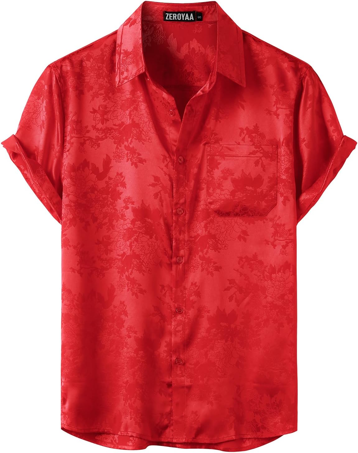 ZEROYAA Men's Shiny Luxury Silk Satin Floral Jacquard Short Sleeve Regular Fit Button Down Shirt for Party Prom