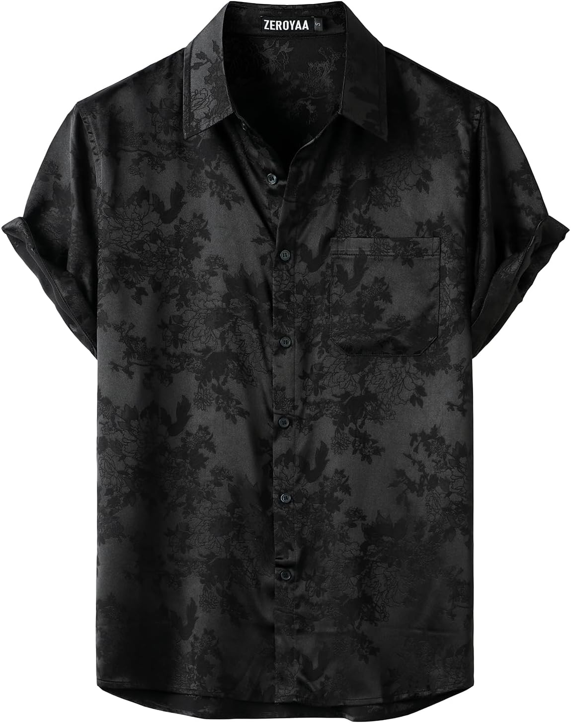 ZEROYAA Men's Shiny Luxury Silk Satin Floral Jacquard Short Sleeve Regular Fit Button Down Shirt for Party Prom