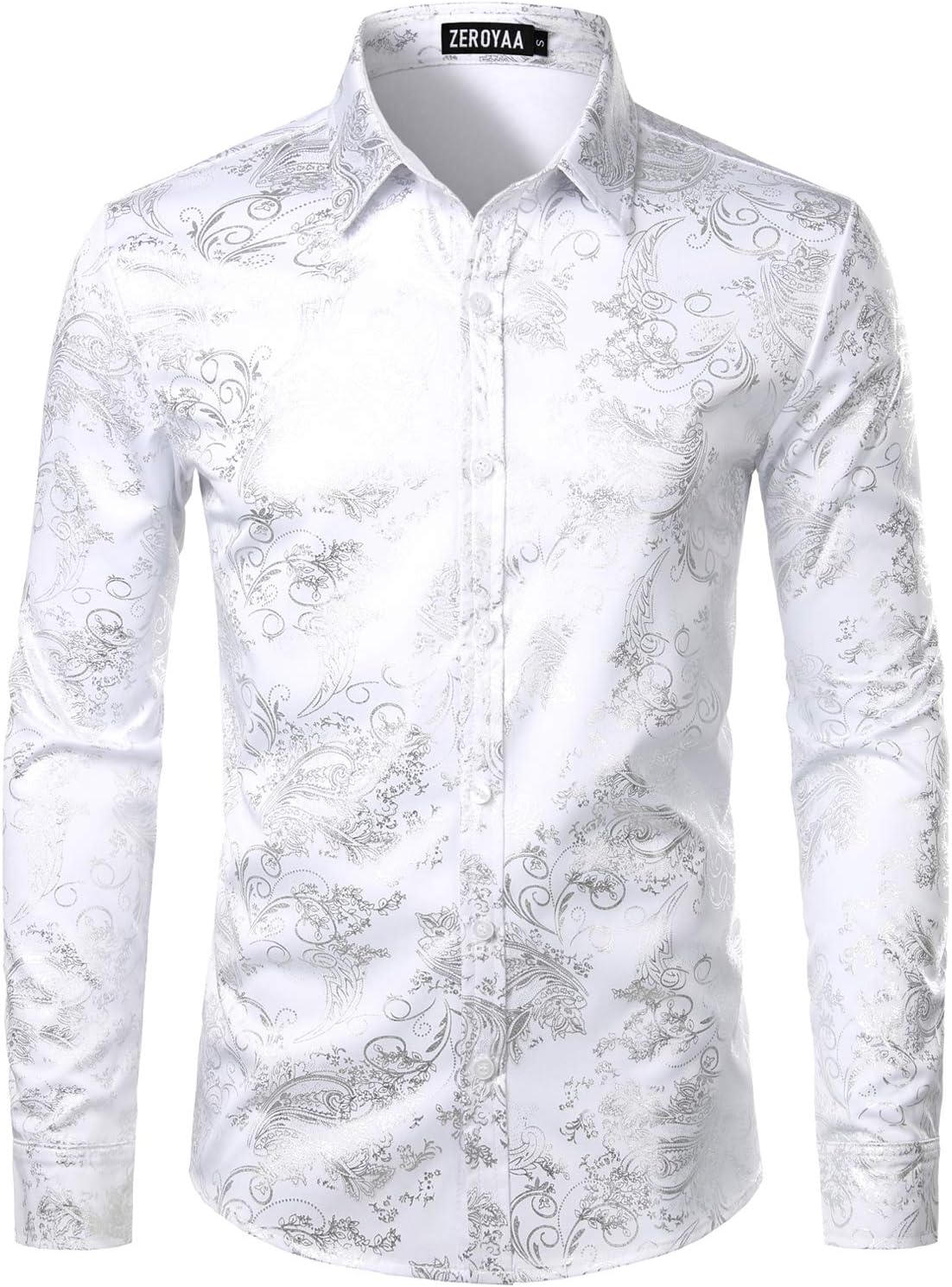 ZEROYAA Men's Luxury Paisley Dress Shirt Shiny Floral Printed Button Down Shirts for Party Prom