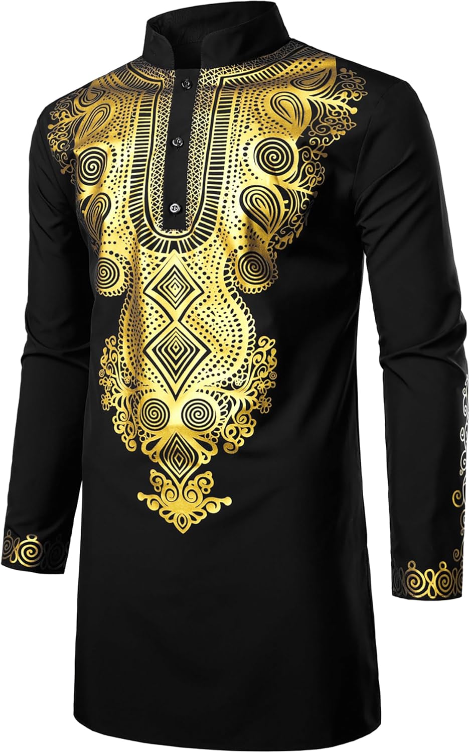 ZEROYAA Men's Traditional African Long Sleeve Dashiki Shiny Pattern Printed Dazzling Shirt