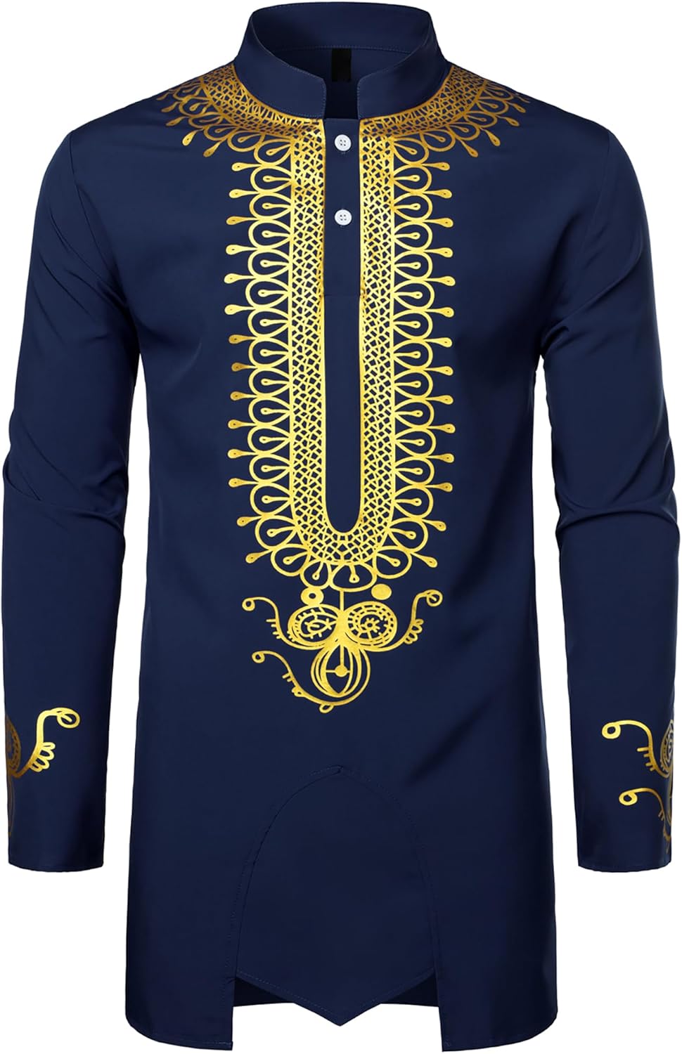 ZEROYAA Men's Traditional African Long Sleeve Dashiki Shiny Pattern Printed Dazzling Shirt