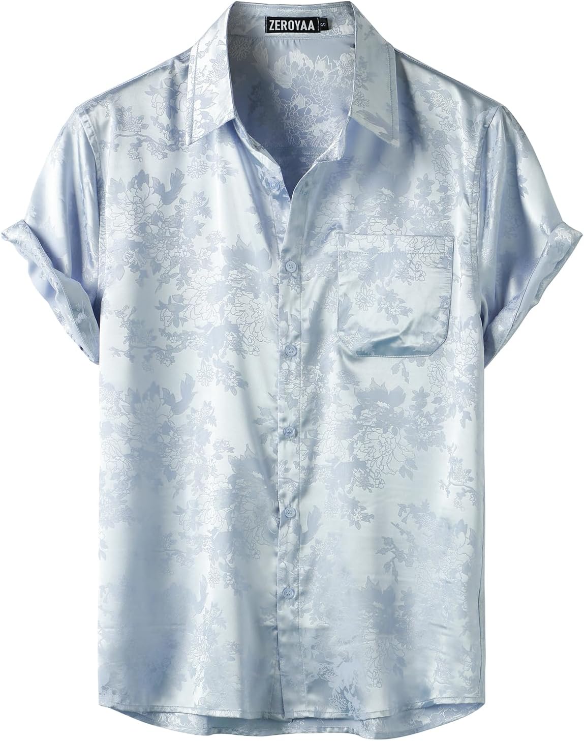 ZEROYAA Men's Shiny Luxury Silk Satin Floral Jacquard Short Sleeve Regular Fit Button Down Shirt for Party Prom