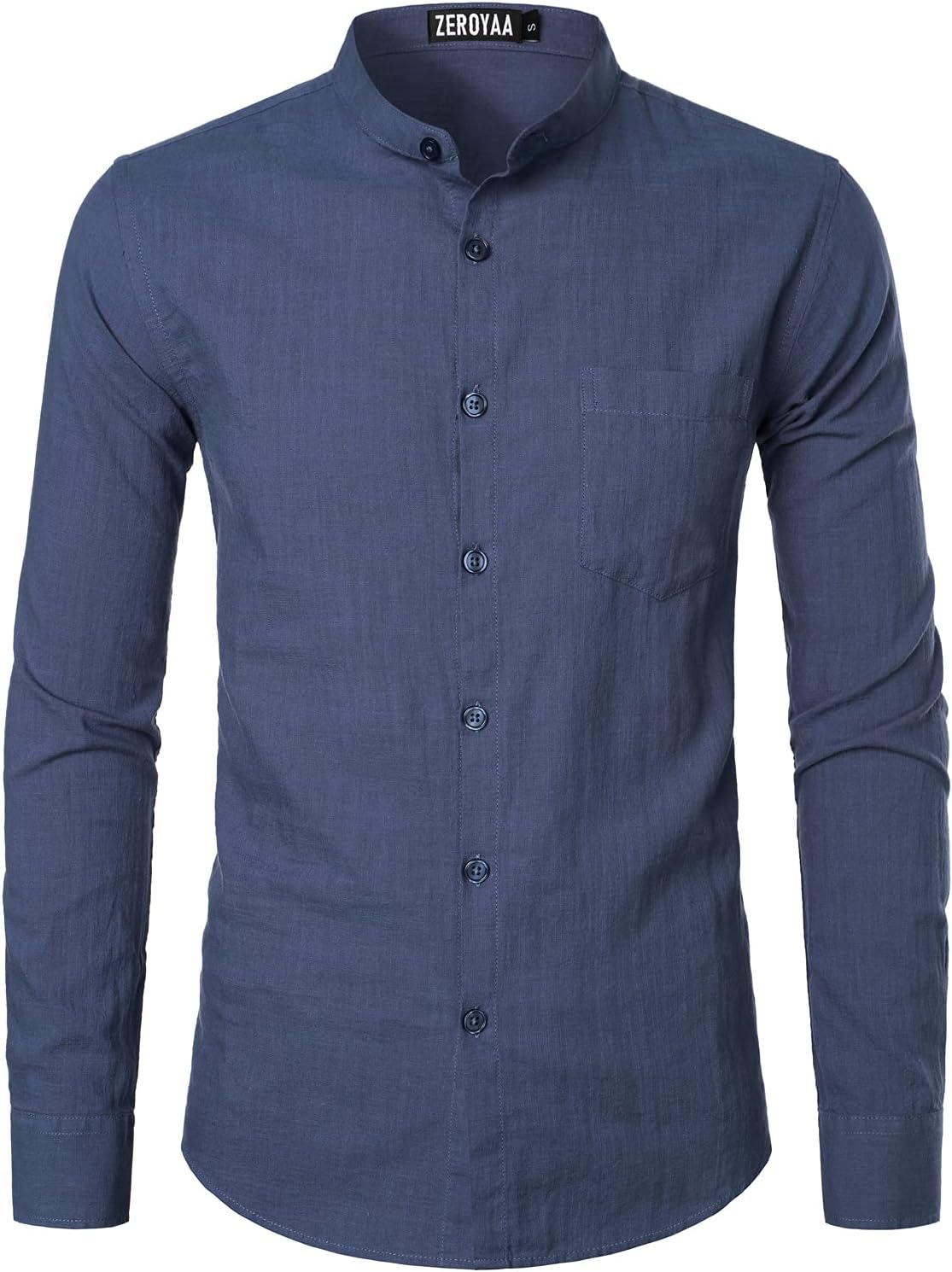 ZEROYAA Men's Fitted Cotton Linen Long Sleeve Banded Collar Button Up Shirts Lightweight Beach Tops with Pocket