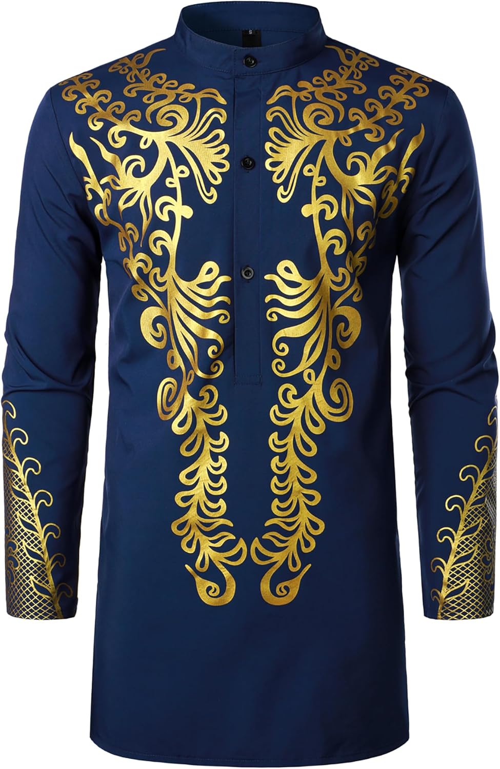ZEROYAA Men's Traditional African Long Sleeve Dashiki Shiny Pattern Printed Dazzling Shirt
