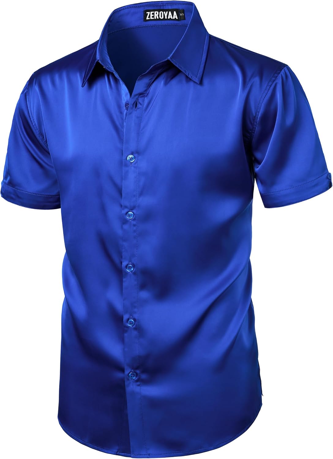 ZEROYAA Men's Hipster Shiny Silk Satin Shirt Regular Fit Short Sleeve Casual Button Down Dress Shirts for Summer Party
