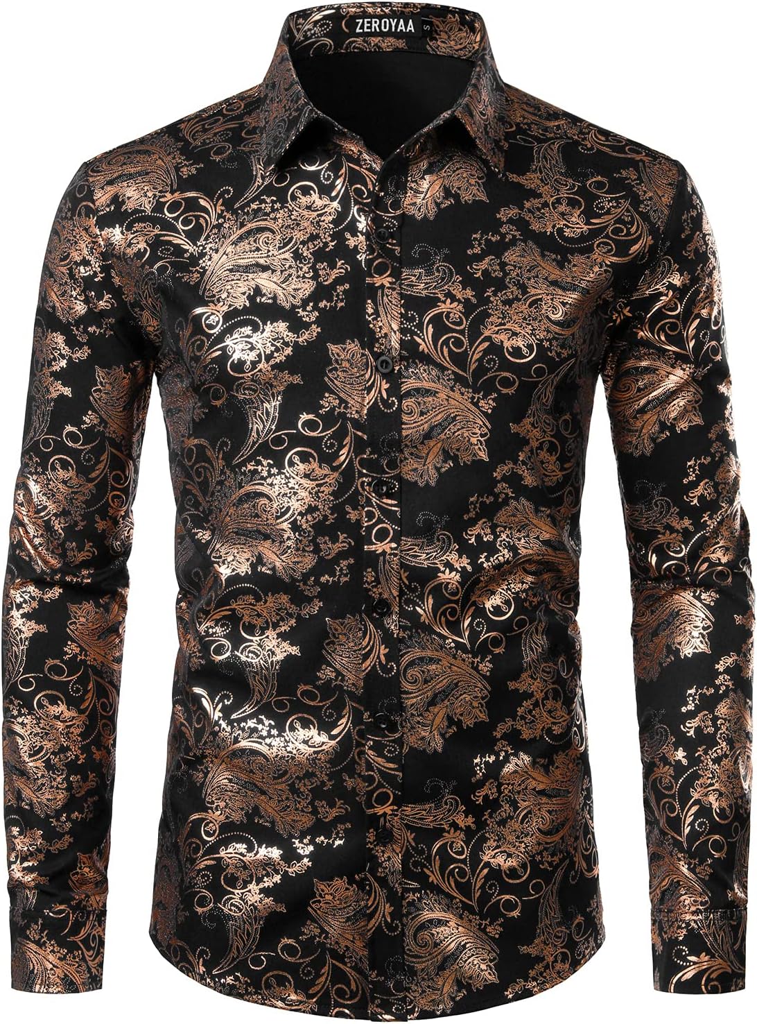 ZEROYAA Men's Luxury Paisley Dress Shirt Shiny Floral Printed Button Down Shirts for Party Prom