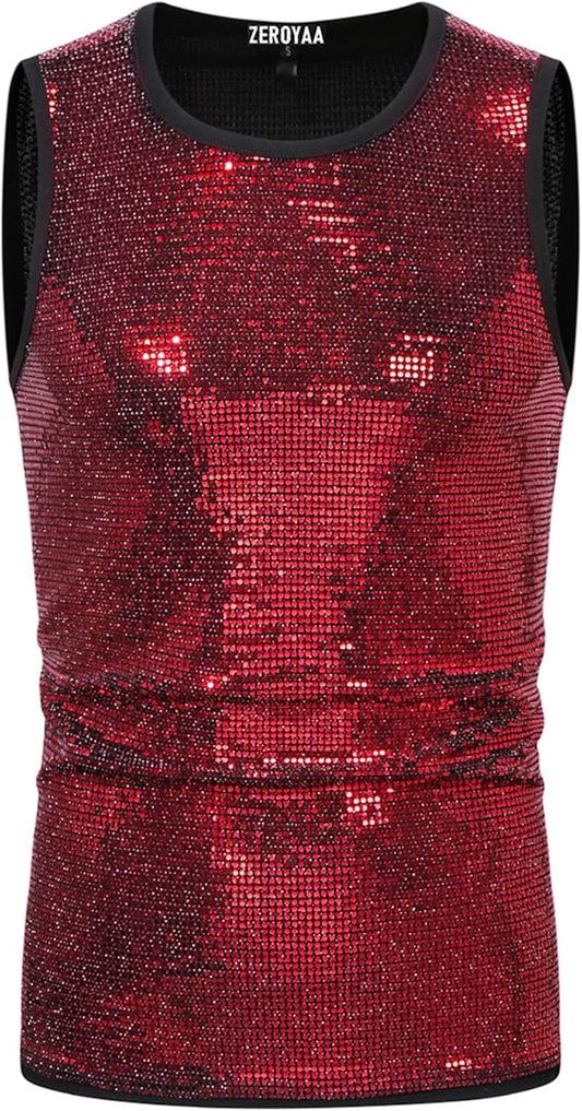 ZEROYAA Men's 70s Sequin Tank Top Shiny Disco Metallic Sleeveless Shirt
