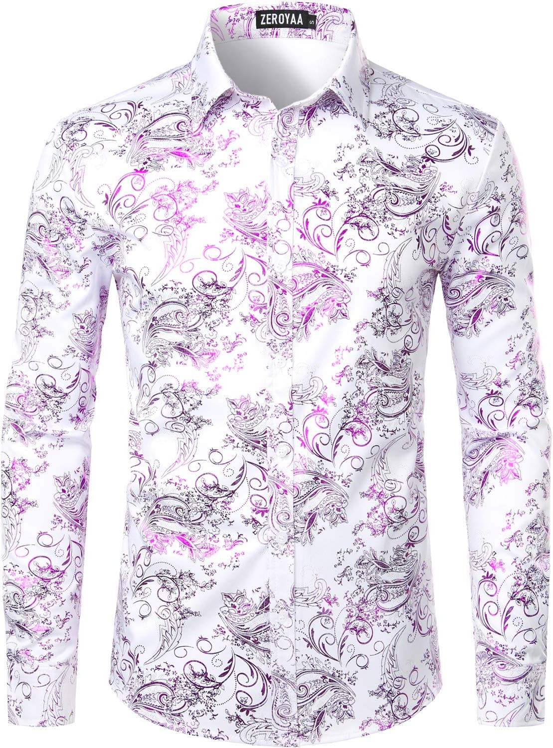 ZEROYAA Men's Luxury Paisley Dress Shirt Shiny Floral Printed Button Down Shirts for Party Prom
