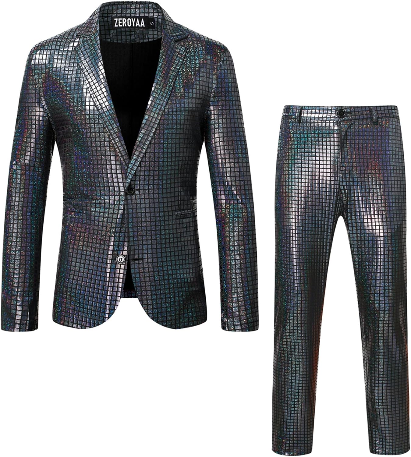 ZEROYAA Men's Metallic Shiny Suits Disco Sequin Blazer and Pants 2 Piece Sets for Party Prom