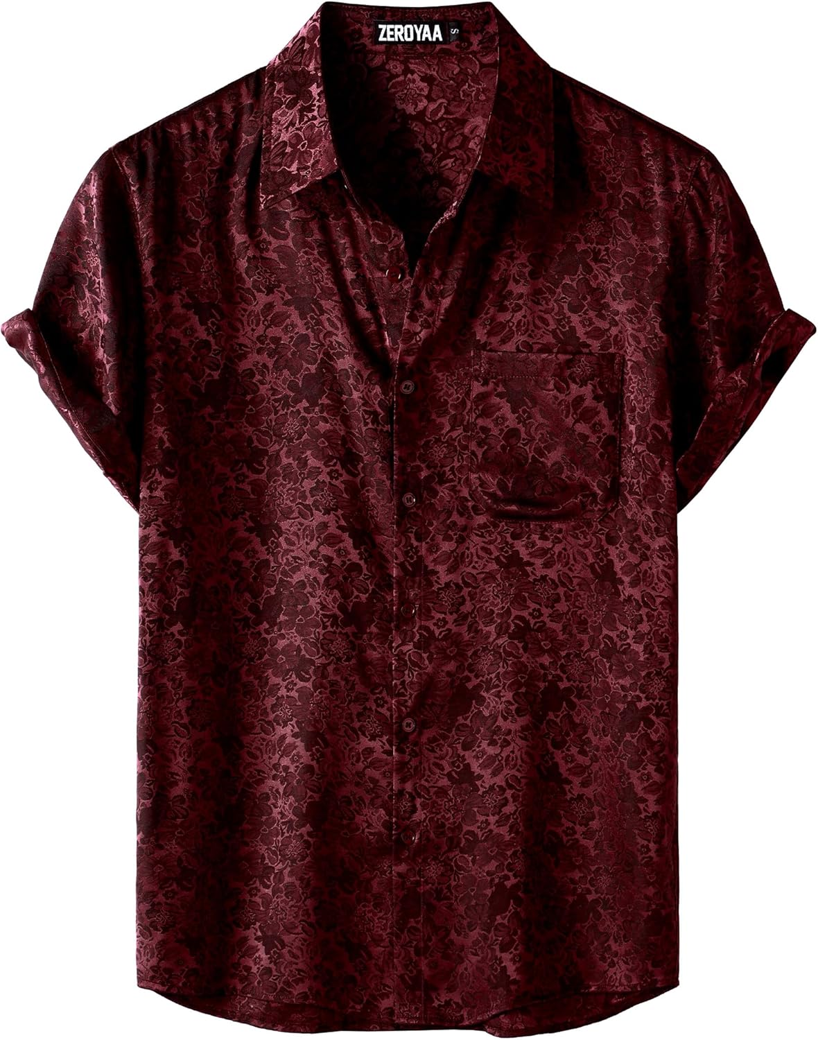 ZEROYAA Men's Shiny Luxury Silk Satin Floral Jacquard Short Sleeve Regular Fit Button Down Shirt for Party Prom