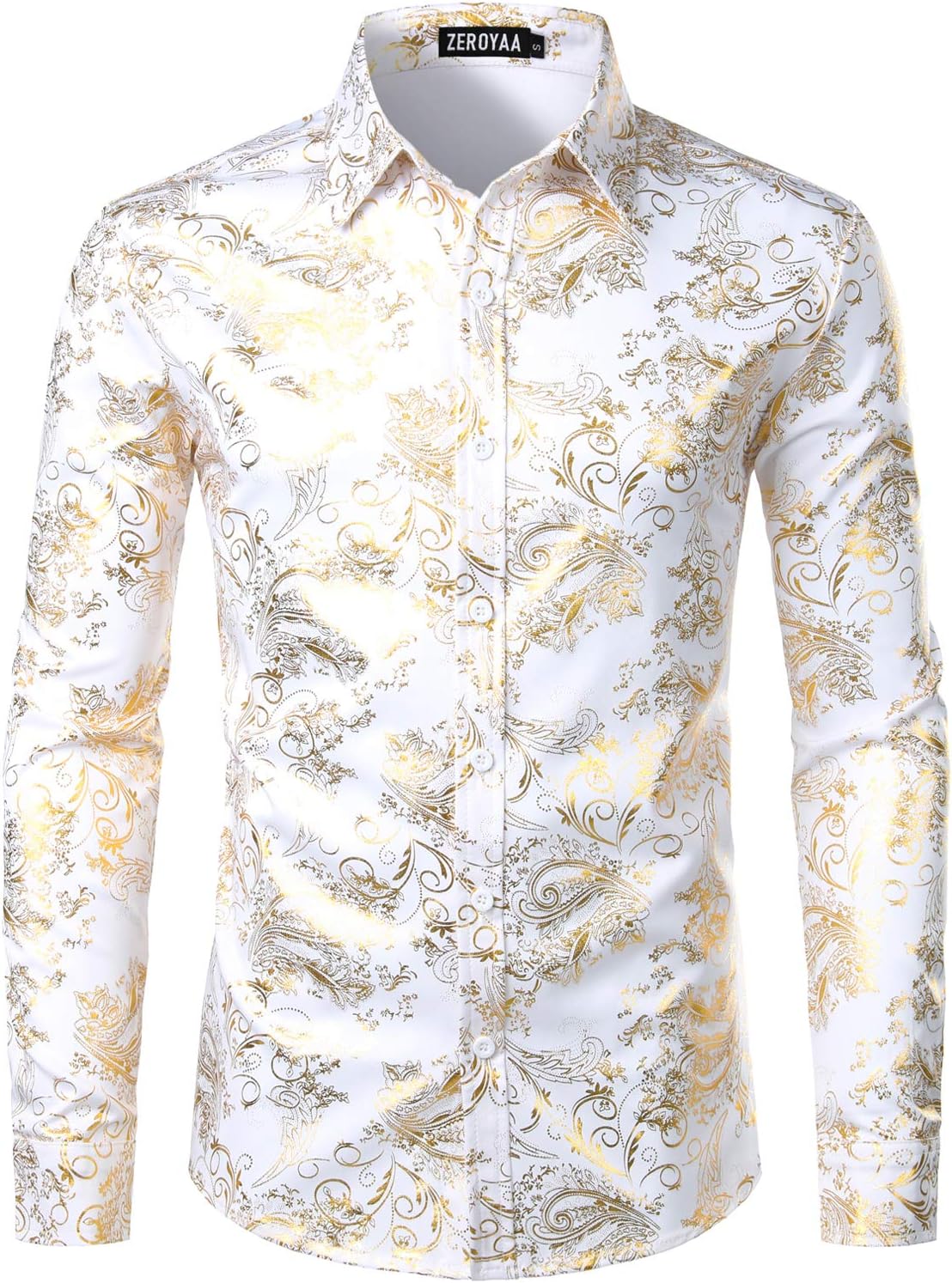 ZEROYAA Men's Luxury Paisley Dress Shirt Shiny Floral Printed Button Down Shirts for Party Prom