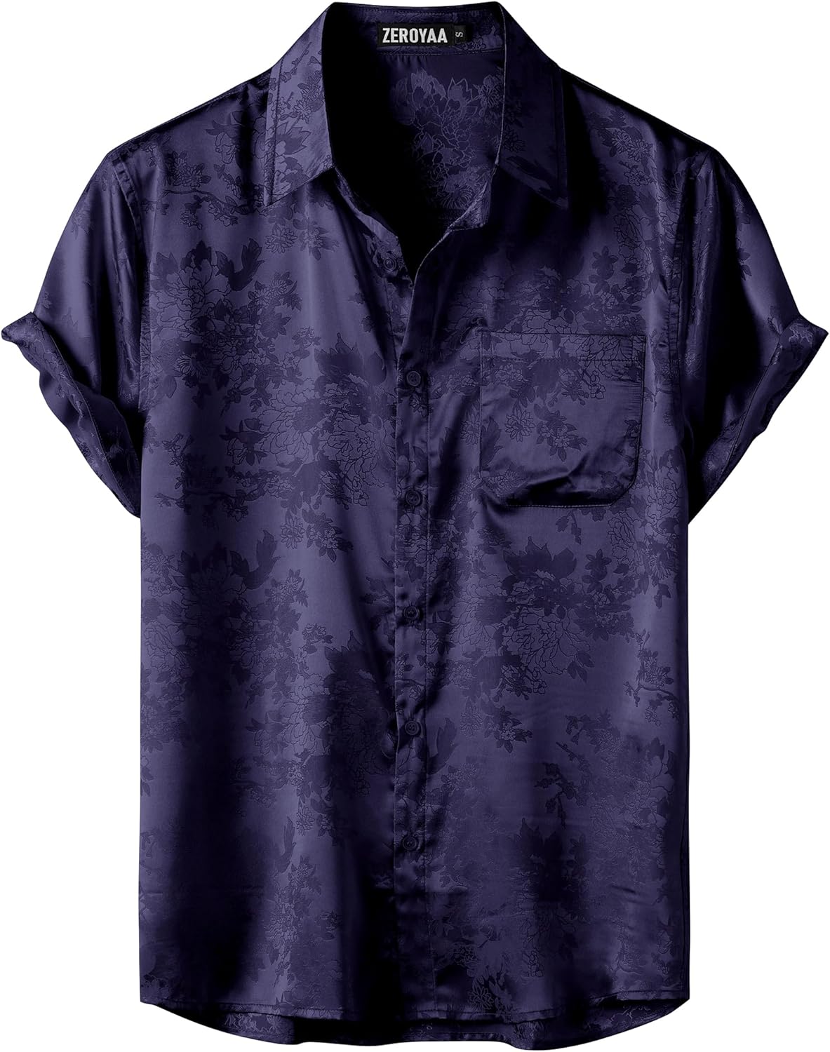 ZEROYAA Men's Shiny Luxury Silk Satin Floral Jacquard Short Sleeve Regular Fit Button Down Shirt for Party Prom