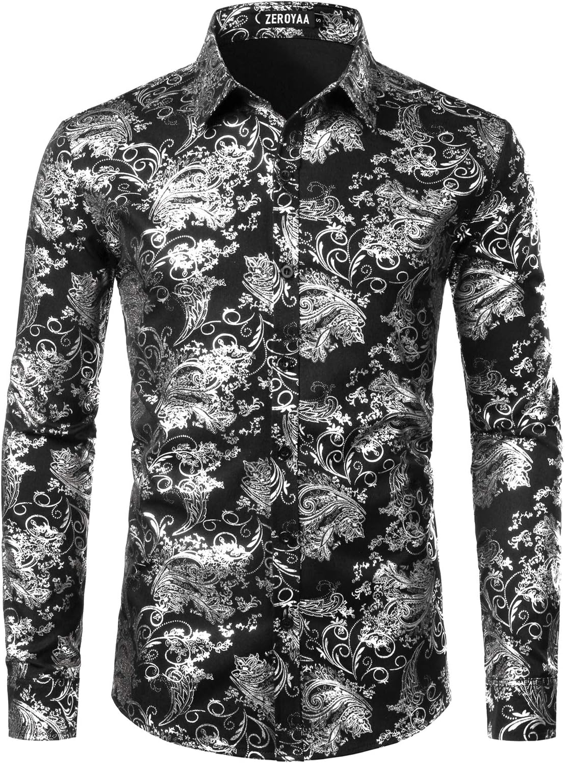 ZEROYAA Men's Luxury Paisley Dress Shirt Shiny Floral Printed Button Down Shirts for Party Prom