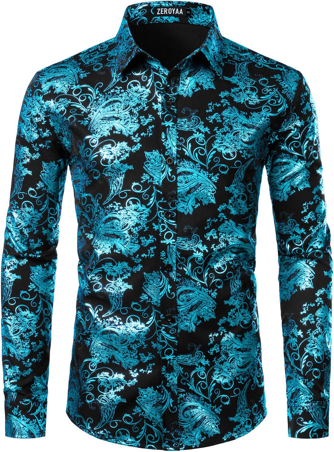ZEROYAA Men's Luxury Paisley Dress Shirt Shiny Floral Printed Button Down Shirts for Party Prom