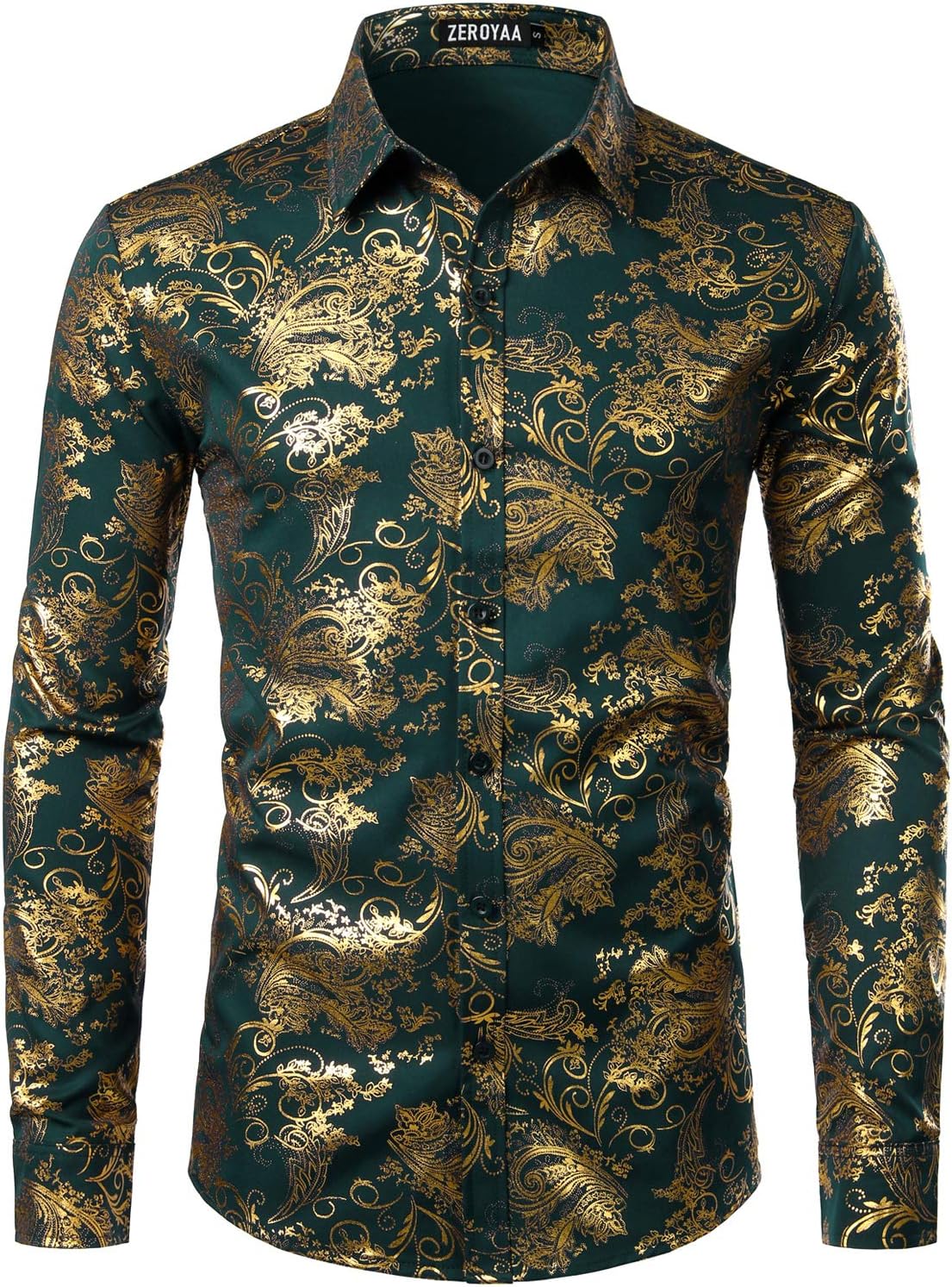 ZEROYAA Men's Luxury Paisley Dress Shirt Shiny Floral Printed Button Down Shirts for Party Prom