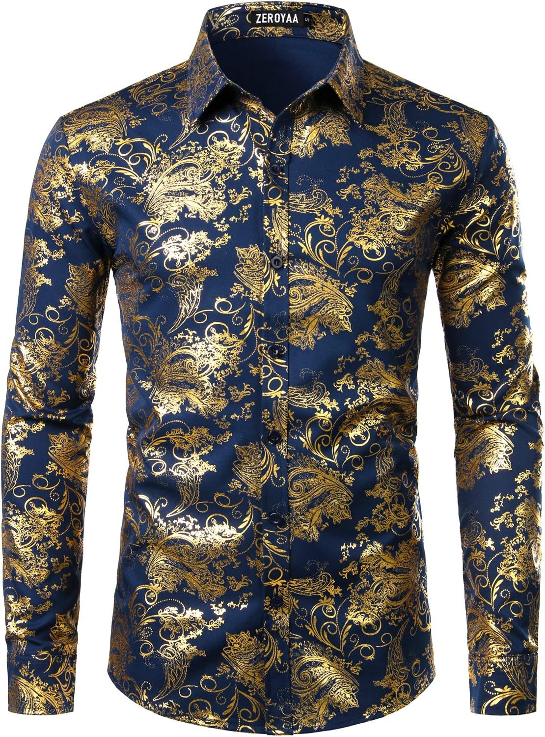 ZEROYAA Men's Luxury Paisley Dress Shirt Shiny Floral Printed Button Down Shirts for Party Prom