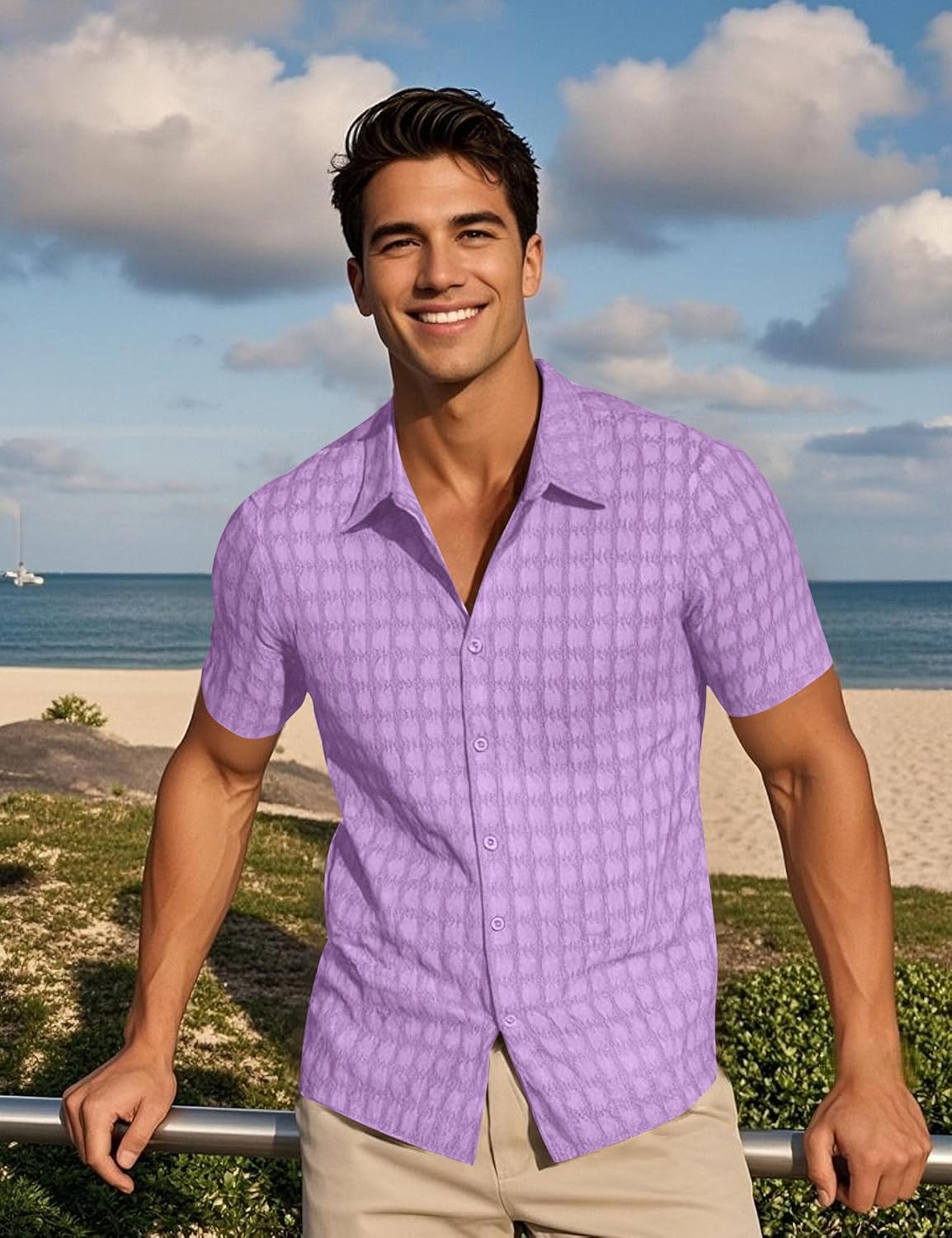 ZEROYAA Men's Knit Shirt Vintage Slim Fit Short Sleeve Button Down Shirts Summer Vacation Beach Tops