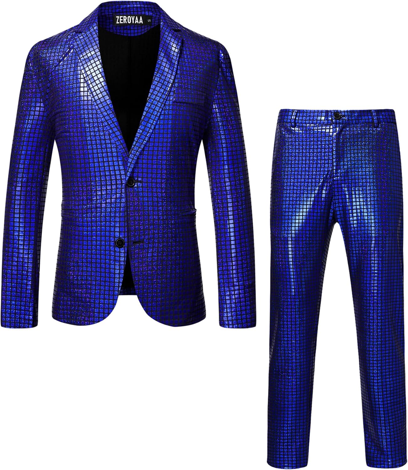 ZEROYAA Men's Metallic Shiny Suits Disco Sequin Blazer and Pants 2 Piece Sets for Party Prom