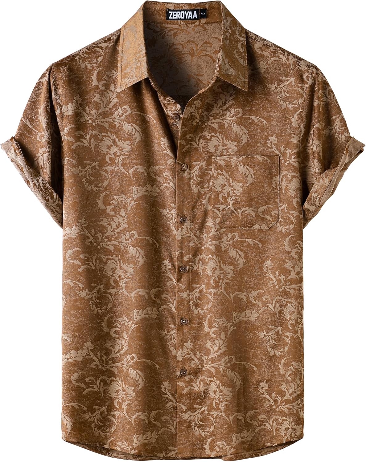 ZEROYAA Men's Shiny Luxury Silk Satin Floral Jacquard Short Sleeve Regular Fit Button Down Shirt for Party Prom