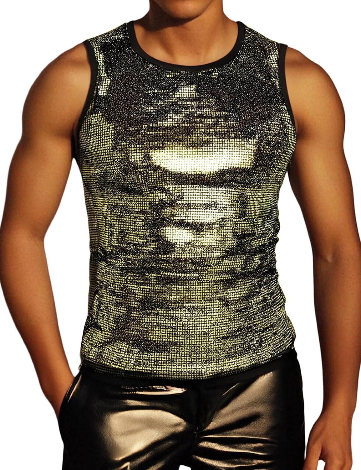 ZEROYAA Men's 70s Sequin Tank Top Shiny Disco Metallic Sleeveless Shirt