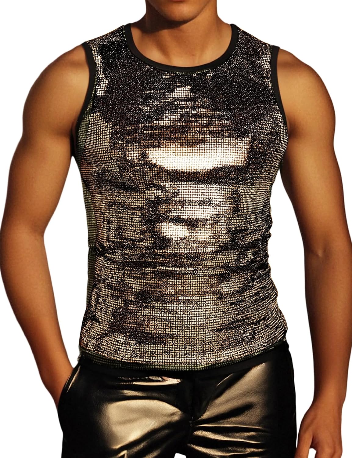 ZEROYAA Men's 70s Sequin Tank Top Shiny Disco Metallic Sleeveless Shirt