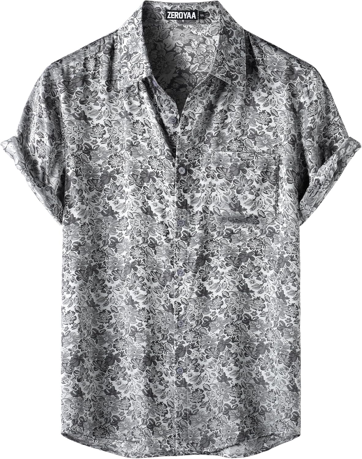 ZEROYAA Men's Shiny Luxury Silk Satin Floral Jacquard Short Sleeve Regular Fit Button Down Shirt for Party Prom