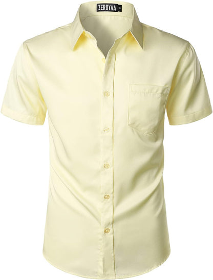 ZEROYAA Men's Casual Urban Stylish Slim Fit Short Sleeve Button Up Dress Shirt with Pocket