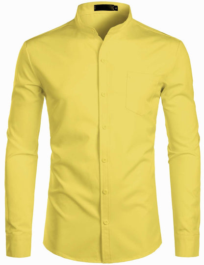 ZEROYAA Men's Banded Collar Slim Fit Long Sleeve Casual Button Down Dress Shirts with Pocket
