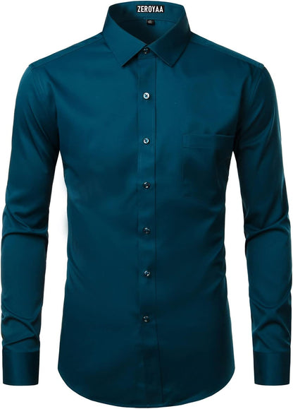 ZEROYAA Men's Business Formal Slim Fit Long Sleeve Button Up Dress Shirts with Pocket