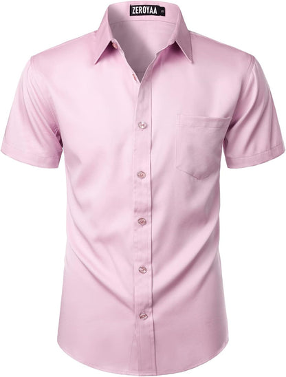ZEROYAA Men's Casual Urban Stylish Slim Fit Short Sleeve Button Up Dress Shirt with Pocket