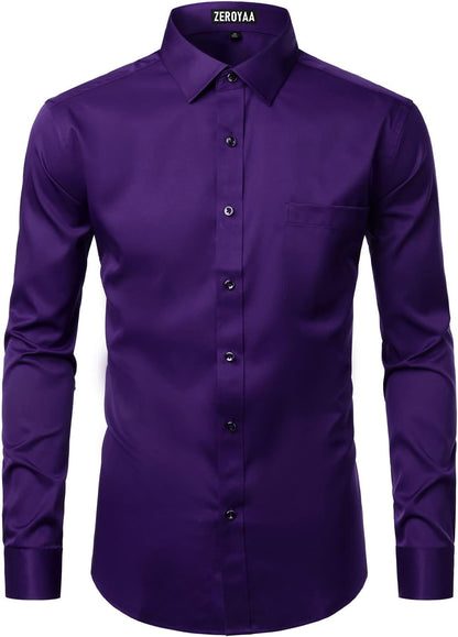 ZEROYAA Men's Business Formal Slim Fit Long Sleeve Button Up Dress Shirts with Pocket