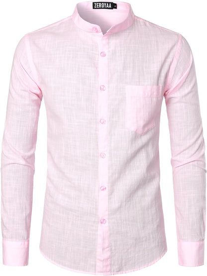 ZEROYAA Men's Fitted Cotton Linen Long Sleeve Banded Collar Button Up Shirts Lightweight Beach Tops with Pocket
