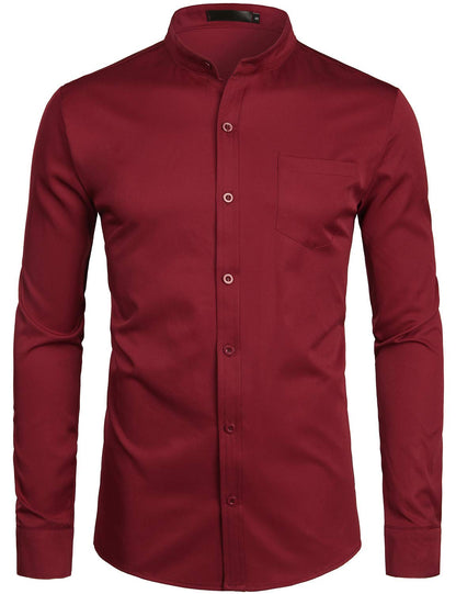ZEROYAA Men's Banded Collar Slim Fit Long Sleeve Casual Button Down Dress Shirts with Pocket