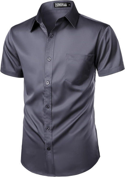 ZEROYAA Men's Casual Urban Stylish Slim Fit Short Sleeve Button Up Dress Shirt with Pocket