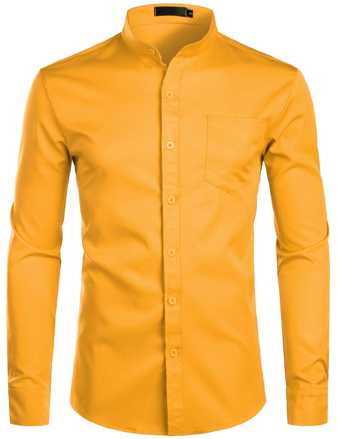 ZEROYAA Men's Banded Collar Slim Fit Long Sleeve Casual Button Down Dress Shirts with Pocket