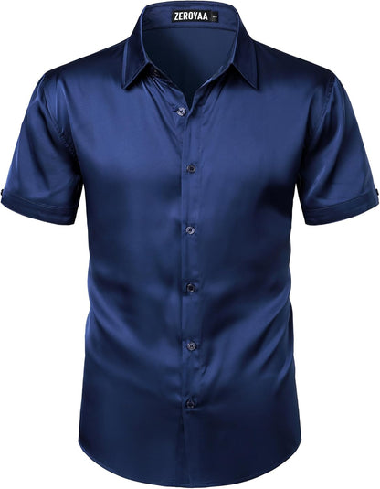ZEROYAA Men's Hipster Shiny Silk Satin Shirt Regular Fit Short Sleeve Casual Button Down Dress Shirts for Summer Party