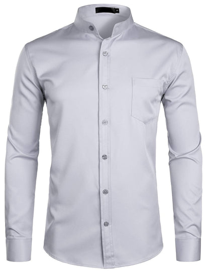 ZEROYAA Men's Banded Collar Slim Fit Long Sleeve Casual Button Down Dress Shirts with Pocket