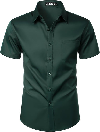 ZEROYAA Men's Casual Urban Stylish Slim Fit Short Sleeve Button Up Dress Shirt with Pocket