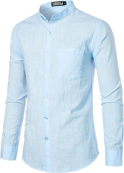 ZEROYAA Men's Fitted Cotton Linen Long Sleeve Banded Collar Button Up Shirts Lightweight Beach Tops with Pocket