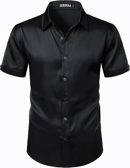 ZEROYAA Men's Hipster Shiny Silk Satin Shirt Regular Fit Short Sleeve Casual Button Down Dress Shirts for Summer Party