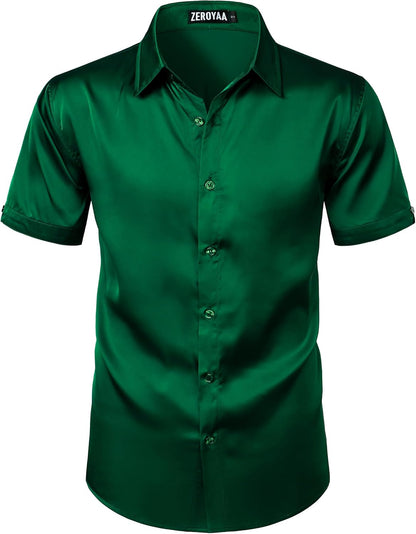 ZEROYAA Men's Hipster Shiny Silk Satin Shirt Regular Fit Short Sleeve Casual Button Down Dress Shirts for Summer Party