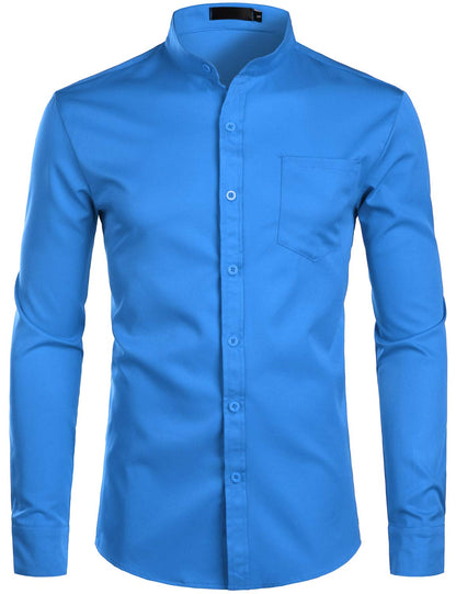 ZEROYAA Men's Banded Collar Slim Fit Long Sleeve Casual Button Down Dress Shirts with Pocket